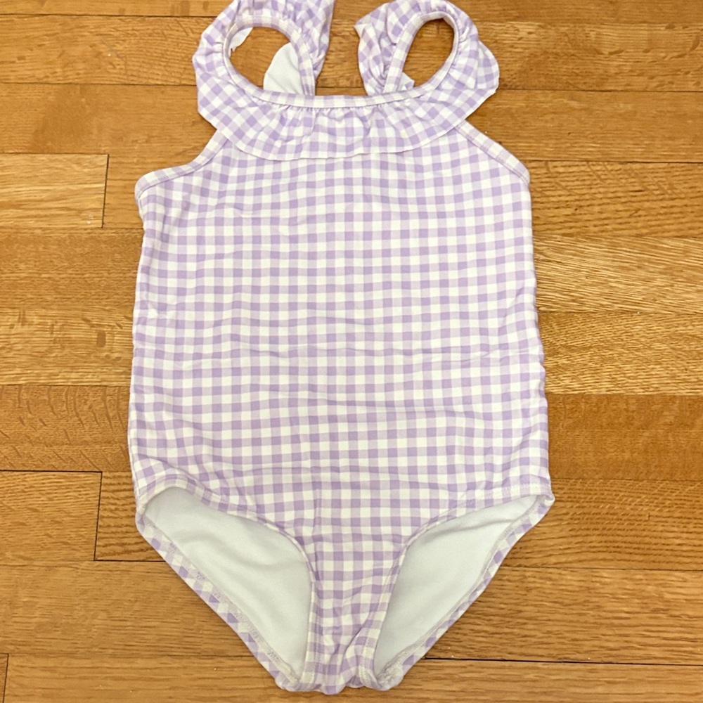 Lilac Gingham Ruffle-Trim One-Piece Swimsuit for Kids